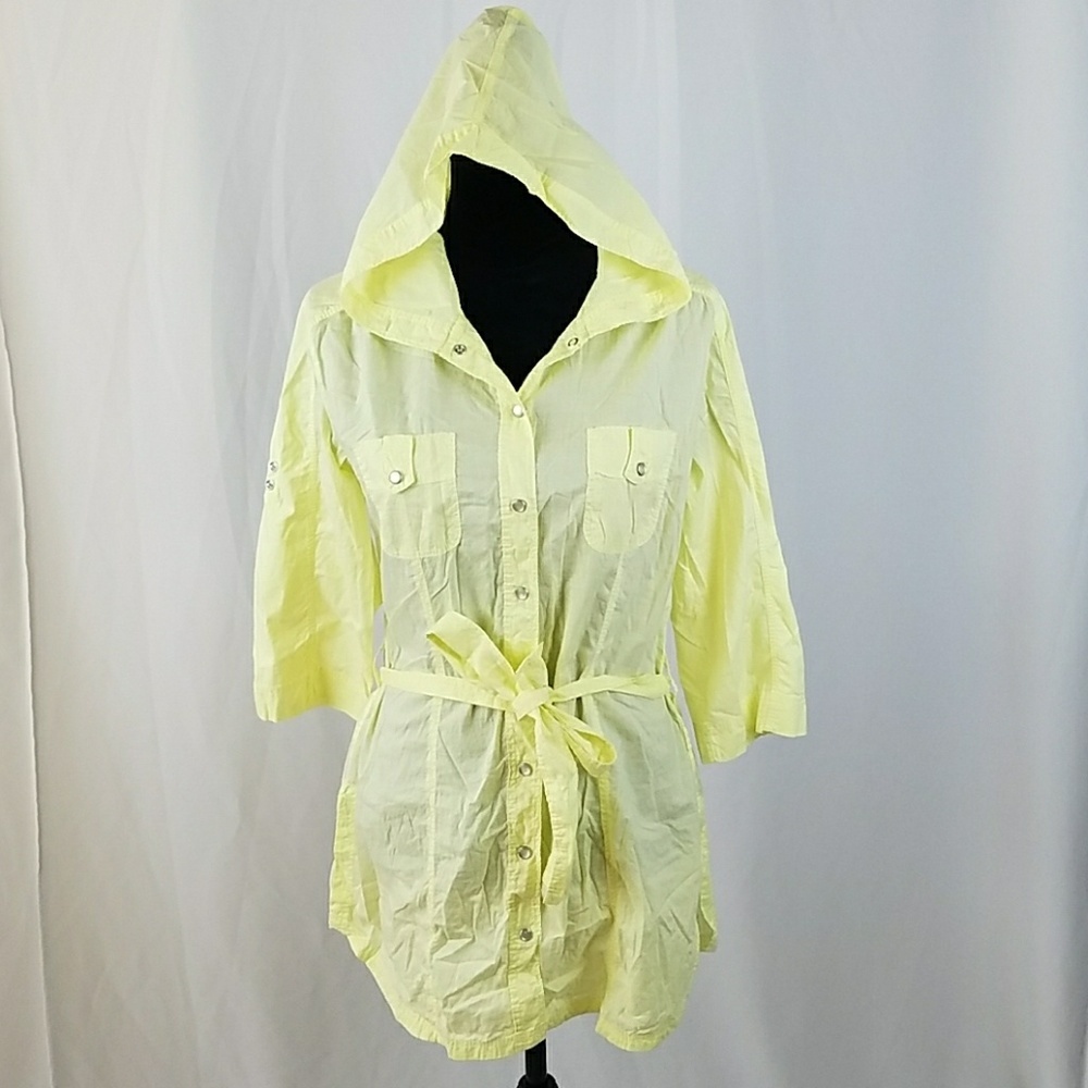 Athleta women S‎ yellow pearl snap hoodie blouse 3/4 sleeve belted athletic